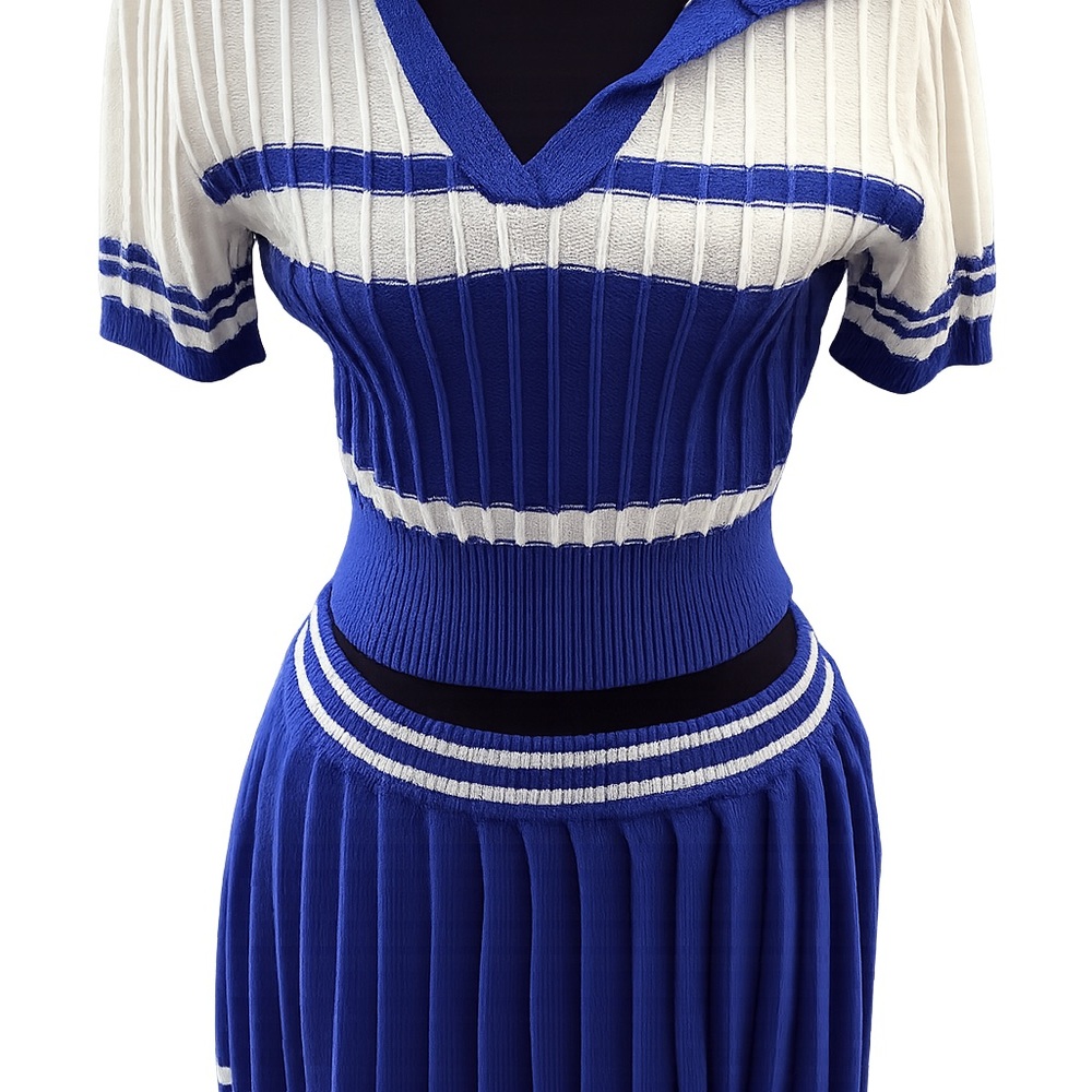 Blue and White Ribbed Knit Skirt Set - Women's Two-Piece